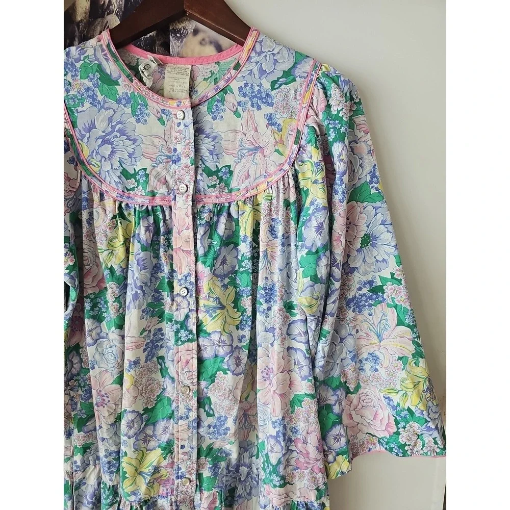 Vintage 80s Models Coat Nightgown Floral Patio‎ House Dress MuuMuu Snap Front 14